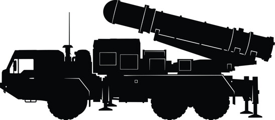 Military missile launcher vehicle silhouette illustration, mobile defense system artwork, combat technology design concept, black and white vector template set © Md