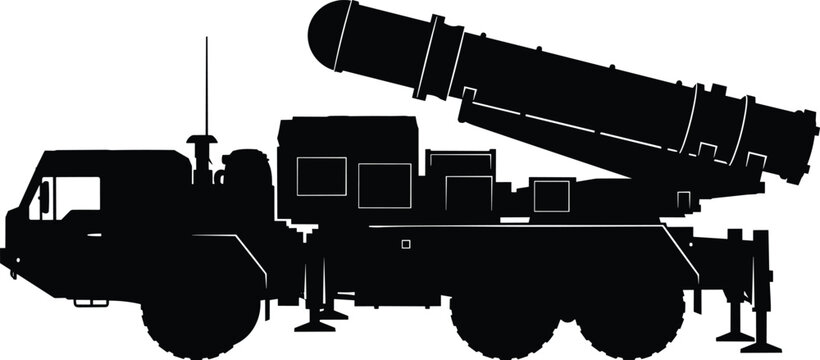 Military missile launcher vehicle silhouette illustration, mobile defense system artwork, combat technology design concept, black and white vector template set