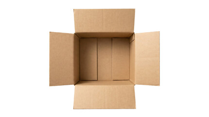 Empty Cardboard Box: An overhead shot showcases an open, empty cardboard box, highlighting its interior space and textured surface.