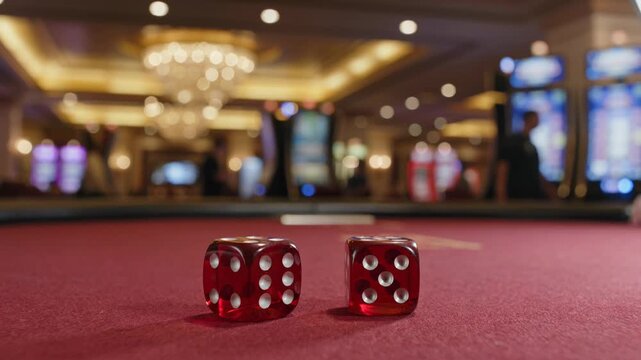 Two Red Dice on a Felt Green Table, Game Night, Gambling, Chance, Luck, Casino, Risk, Strategy, Entertainment, Close-Up.