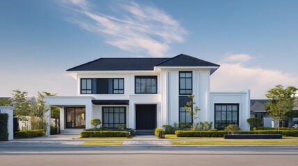 Obraz premium Modern luxury house exterior with garden and driveway contemporary residential architecture