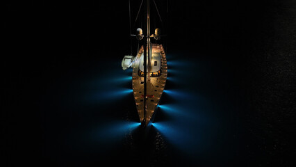 Aerial drone night shot of illuminated sail boat with wooden deck anchored in deep blue Aegan sea © aerial-drone