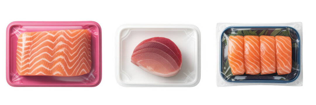 Sashimi salmon and tuna in plastic trays raw fish isolated on a transparent background