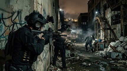 Fototapeta premium Armed tactical officers in ruined alley during close quarters firefight