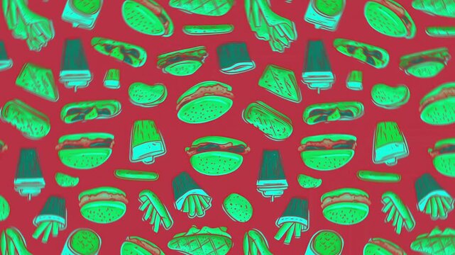 A seamless pattern of simplified burgers, fries, drinks, and watermelon slices distributed across a bold red background.