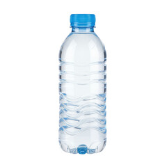Fototapeta premium A single clear plastic water bottle with a blue cap and ribbed texture filled with fresh water on a white studio background concept of pure hydration
