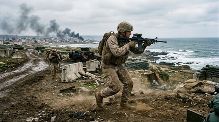 Fototapeta premium Soldier aiming a rifle on a coastal defensive position above the sea