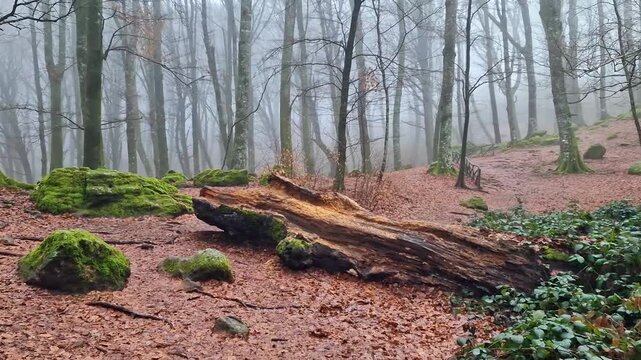 Italy Monte Cimino Faggeta Cinematic 4K Video of Foggy Beech Forest with Giant Volcanic Boulders Covered in Green Moss and Orange Autumn Leaves Texture of Bark and Mushrooms