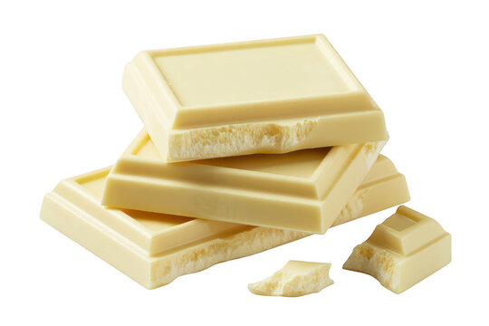 Stack of white chocolate bars with broken pieces pile isolated on a transparent background