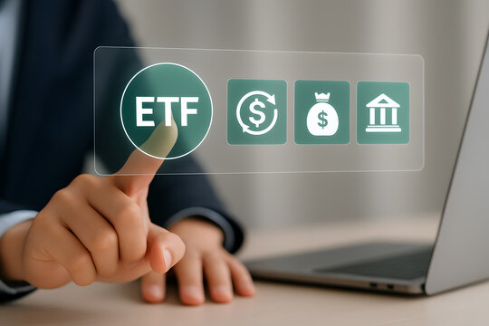 Exchange traded fund concept. Investing in Mutual Funds and ETFs, Business stock market finance index fund. Person using laptop with ETF icon on virtual screen.