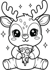 Obraz premium Cuddly cartoon reindeer holding a christmas tree with sparkles around