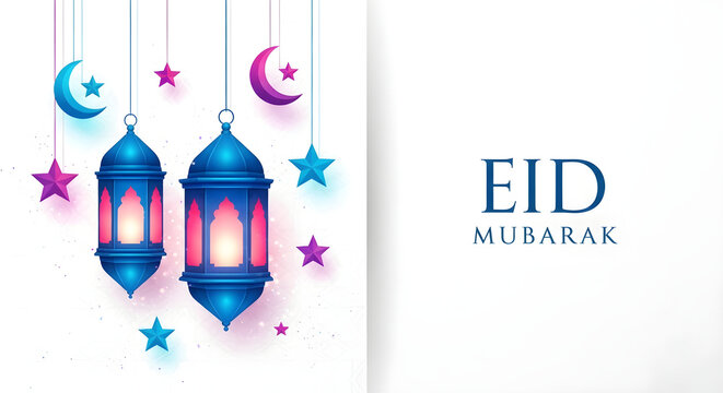 Eid al badr lanterns and crescent moon decorative illustration