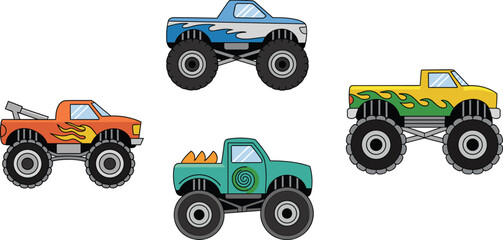 Cartoon monster truck collection vector illustration, colorful off road pickup vehicles with oversized tires and flame graphics isolated on white background © Liton Roy