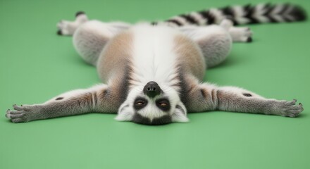 Fototapeta premium Relaxed Lemur Lying Down on Green Background with Outstretched Arms