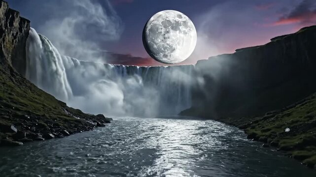 A serene landscape with a large moon over a waterfall and river.