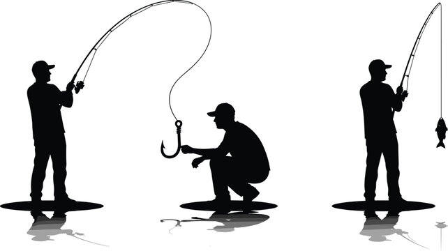 Fishing silhouette set showing angler casting line, preparing hook and catching fish isolated on white background outdoor activity hobby and sport illustration collection
