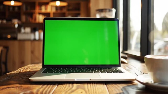 Laptop with customizable green screen display on a rustic wooden table in a warm, inviting coffee shop atmosphere, perfect for mockups and advertising