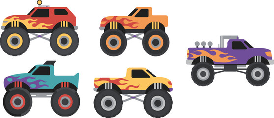 Colorful monster truck set vector illustration, cartoon off road vehicles with flame decals and oversized tires isolated on white background © Liton Roy