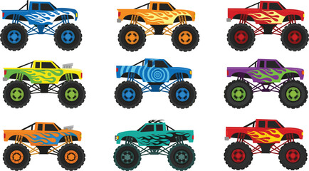 Colorful monster truck collection with flame decals, off road big wheel vehicles cartoon vector set isolated on white background for kids design © Liton Roy