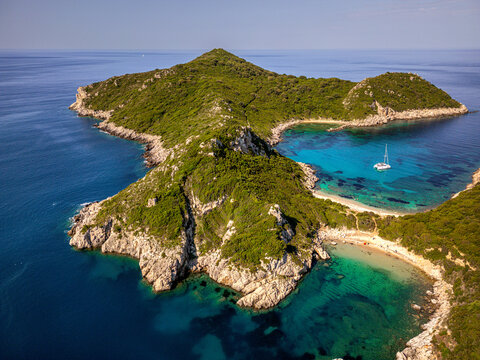 Aerial view of Porto Timoni double beach in Corfu, Greece, Europe - beautiful coastal landscape.