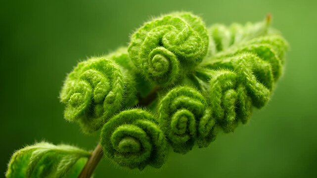 Closeup of green fern leaves curled up in spiral shapes on a stem with a blurred green background