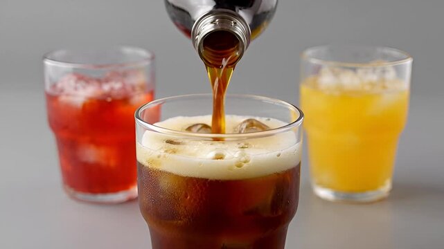 Three glasses of cold drinks on a table with one being poured