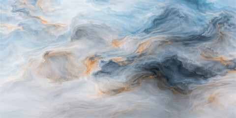 White fluffy clouds drift over a blue sky and smoke background as a fresh mountain stream flows with motion over cold rocks in a splashing nature landscape © Anik