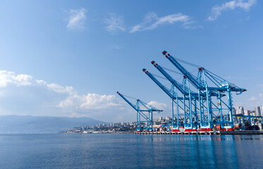 Fototapeta premium Blue container cranes in the Port of Rijeka, Croatia. Industrial sea terminal at Adriatic coast.
