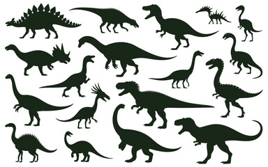 Obraz premium Cartoon dinosaur silhouettes vector set featuring Jurassic raptors and extinct reptiles, ancient dino monsters collection for kids design, prehistoric animals illustration and educational graphics