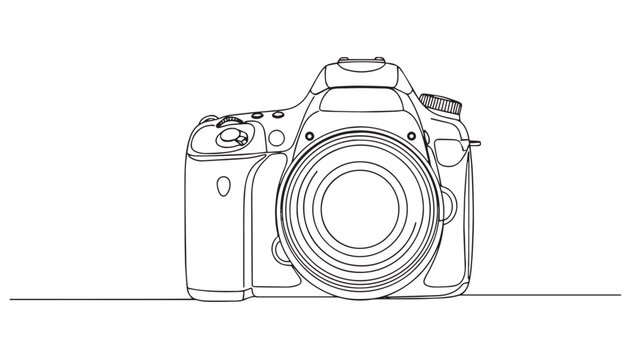 A minimalist black and white line drawing of a professional digital camera on a flat surface