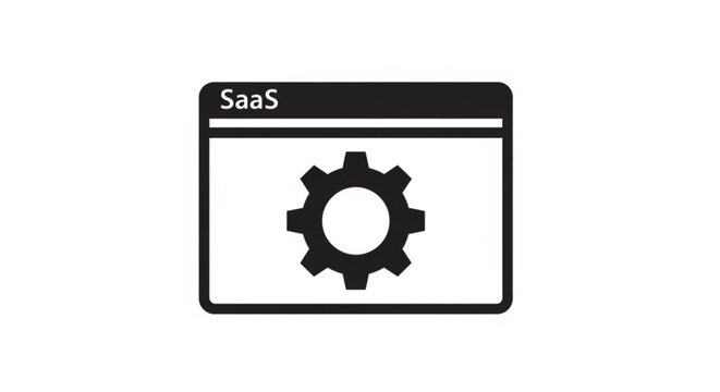 A minimalist vector graphic illustrating a SaaS application with a gear icon