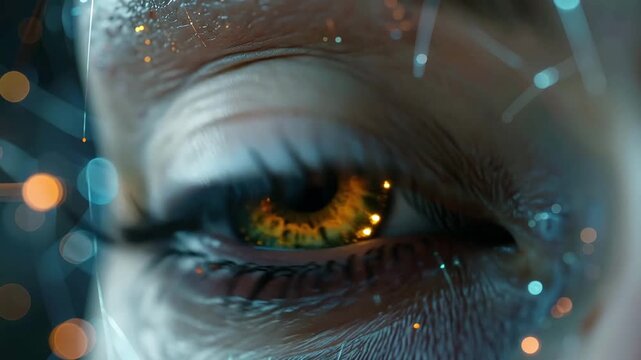 Vision of Tomorrow: The human eye becomes a window into a world of technological advancement, its intricate details interwoven with glowing light, sparking ideas of progress and insight.