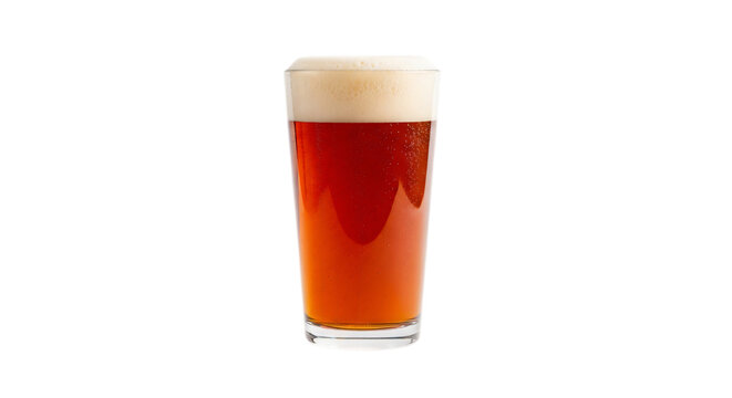 A tall glass of amber colored beer with a thick white foam head is presented isolated on a white background transparent background