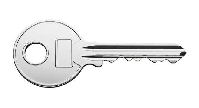 A solitary metallic silver house key with a detailed bit rests on a clean white background transparent background