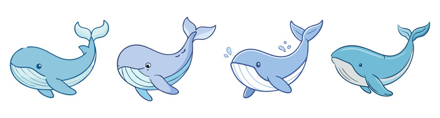Naklejka premium set of four playful blue whales jumping in ocean waves flat design vector illustration