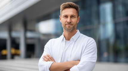 Fototapeta premium Man standing with arms crossed looking confident and proud in a city, male entrepreneur vision and success concept, urban professional lifestyle, defocused background, with copy space