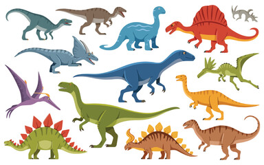 Cartoon dinosaurs vector set featuring jurassic extinct dino raptors, predators, and herbivores collection of jurassic dinosaurs reptile with tyrannosaurus, stegosaurus, and pterodactyl © Raxzen
