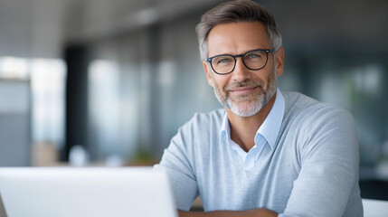 Fototapeta premium Portrait of a successful entrepreneur with glasses working on a laptop in a modern office, professional male productivity lifestyle concept, defocused background, with copy space