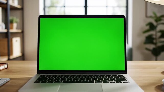 Modern laptop with a vivid green screen on a professional wooden desk, offering a perfect digital canvas for custom content, mockups, and presentations in a contemporary setting