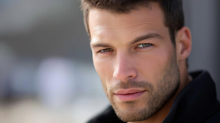 Obraz premium Conceptual close-up portrait of a man with a serious and determined gaze, strong male expression and resolve concept, defocused background, with copy space