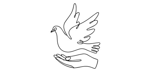 Obraz premium Peace Dove Flying from Hand Continuous Line Art Vector Illustration
