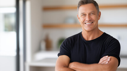Obraz premium Happy confident middle-aged man standing with arms crossed at home, smiling mature man in a modern living room, candid portrait concept, defocused background, with copy space