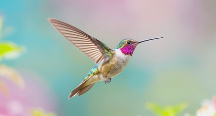 Naklejka premium Colorful hummingbird in mid-flight, wings extended, set against a soft floral background