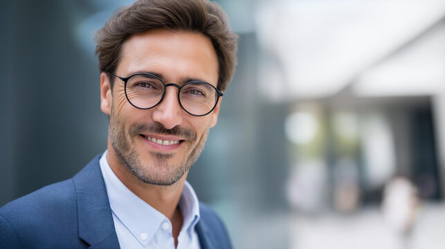 Happy smiling businessman outdoors in a city, natural and proud male portrait concept, career and positive mindset lifestyle, defocused background, with copy space