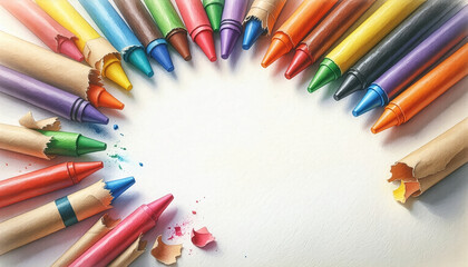 Naklejka premium Colorful crayons arranged in a circle on white paper background 白い紙の背景に円状に並べられたカラフルなクレヨン コピースペース付きイラスト