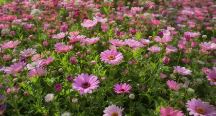 Fototapeta premium Field of pink and magenta flowers with yellow centers, lush green foliage