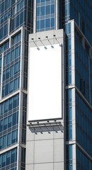 Obraz premium Vertical blank white advertising billboard sign on the side of a modern glass skyscraper in a bustling city environment, ready for brand display and urban marketing initiatives