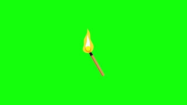 Animated 2D vector matchstick with a yellow and orange flame flickering gently, wooden stick, isolated on green screen background.