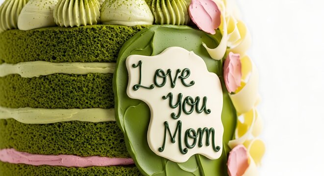 Delicious Green Matcha Layer Cake with "Love You Mom" Plaque and White Chocolate Decorations