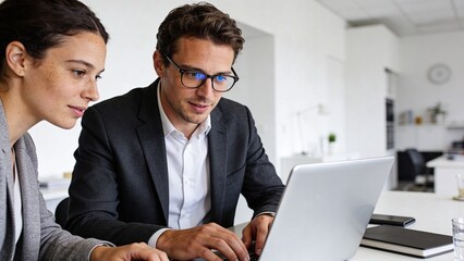 Professional Business Team Collaborating on Laptop: Focused Businessman and Businesswoman in Suits Analyzing Data in a Bright Modern Corporate Office